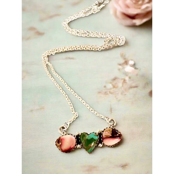 Sonoran Gold Turquoise & Rose Dahlia Heart Necklace 16-18” - Picture 3 of 8